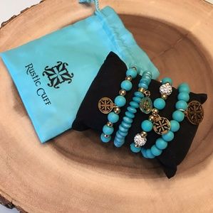 Blue Rustic Cuff Rubber & Gold Stainless Steel Set